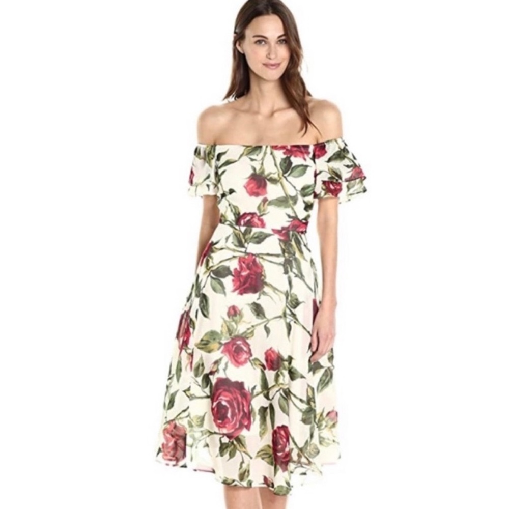 Betsey Johnson Off-Shoulder rose Floral Midi Dress – Size 2 – Gorgeous! - Picture 1 of 12